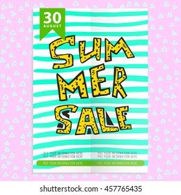 summer sale flyer with hand drawn letters and stripes. Template banner