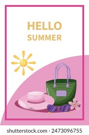 Summer sale flyer. Hello summer banner. Beach bag, hat, sunglasses, sun, flower. Vector illustration. Banner, flyer, poster, advertising.