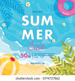 Summer sale flyer. Hello summer pool beach background. Vector illustration 