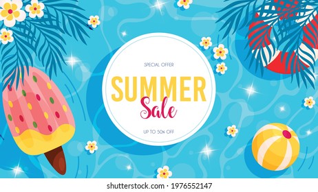 Summer sale flyer. Hello summer pool background. Vector illustration 