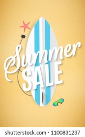 Summer sale flyer. Hello Summer. Surfboard on the beach. Sand beach. For your business project. Big discounts. Red starfish and sunglasses. Calligraphy and lettering. Vector illustration. EPS 10