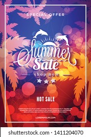 Summer sale flyer or poster. Summer discount label. Typography retro style design element. Vector template with colorful abstract background