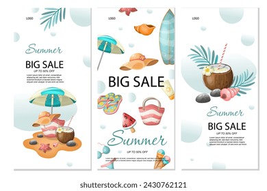Summer sale flyer poster set. Hand drawing. Vector.