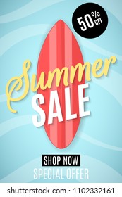 Summer sale flyer. Red surfboard and calligraphic text. Cartoon flat style. Lettering. Big discounts. Poster for your web store. Sea water and waves. Vector illustration. EPS 10