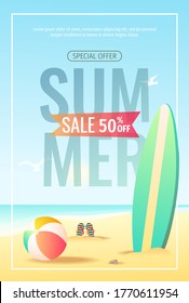 Summer sale flyer with surfboard and ball on the beach. A4 Vector illustration for special offer, promo, advertising, banner, discount, flyer.