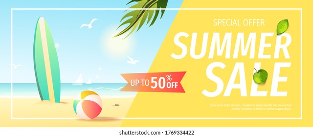 Summer sale flyer with surfboard, palm leaves and ball on the beach. Vector illustration for special offer, promo, advertising, banner, discount, flyer.