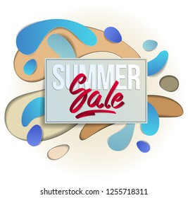 Summer sale flyer template with lettering, poster, card, banner, advertising design, vector modern style cartoon paper cut 3d illustration.