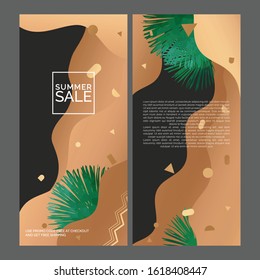 Summer SALE flyer templates for your business. Promo action universal design with tropic palm leaves and memphis motive