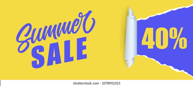 Summer sale Forty percent lettering. Shopping inscription in yellow and blue colors. Handwritten text, calligraphy. Can be used for greeting cards, posters and leaflets