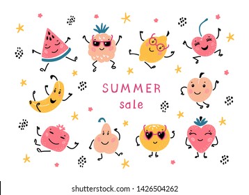 Summer Sale Frame Banner with Cartoon Doodle Funny Cute Fruits and Berries. Vector Colorful Food  Set. Happy Kawaii Fruit icons Summer Collection