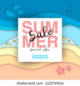 Summer sale frame banner with paper cut waves and sand. Beach layout for poster, banner, flyer or web design. Vector paper cut out illustration - Shutterstock ID 1122769616