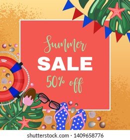 Summer sale frame. Cartoon tropical vector illustration. Beach objects up down view. Flat lay sunglasses, flip flops, seashells. Tropical leaves. Yellow sand background. Corner design elements.