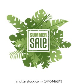 Summer sale in frame on tropical exotic leaves background