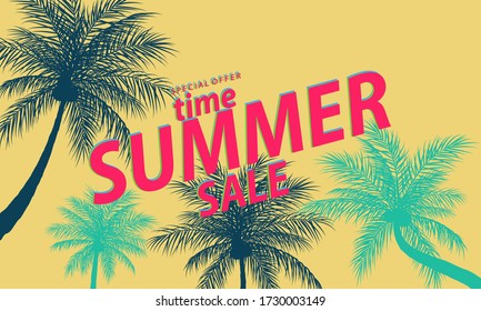 Summer sale frame poster, palm greeting background. banner  vector illustration and design for poster card,
