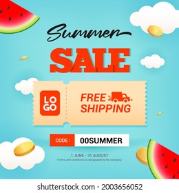 Summer sale free shipping coupon ticket vector design. Watermelons and coins floating in the sky