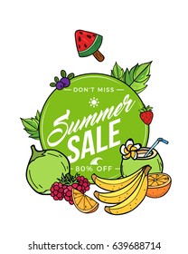 Summer Sale Fruit Juice and Smoothie Coconut and Banana Illustration Poster Flyer Card Mock Up Template Layout Vector Art Design