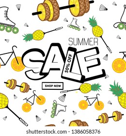 Summer Sale. Fruit and sports background of orange, pineapple, kiwi, pomegranate, bicycle, rollers, racket, shuttlecock, barbell. Seamless pattern, greeting card, flyer, coupon for shops, Summertime