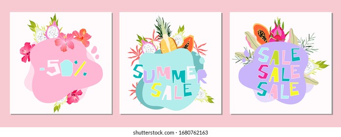 Venta de verano de diseño frutado. Web trópica dibujada a mano, elementos de banner de tienda. 50% de descuento, venta, venta de verano iconos. Oferta de verano caliente. Oferta especial ilustraciones.