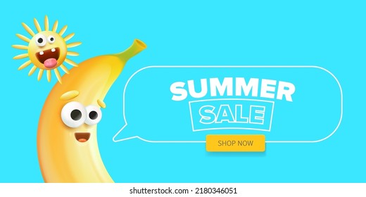 Summer sale funny horizontal banner with cartoon sun and funky banana character isolated on summer blue background. Vector 3d horizontal summer hot sale poster, flyer, banner, tag and background