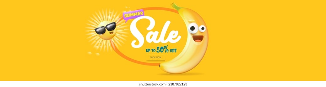 Summer sale funny horizontal banner with cartoon sun and funky banana character isolated on summer yellow background. Vector 3d horizontal summer hot sale poster, flyer, banner, tag and background