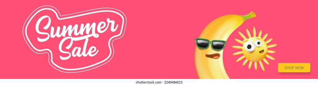 Summer sale funny horizontal banner with cartoon sun and funky banana character isolated on summer pink background. Vector 3d horizontal summer hot sale poster, flyer, banner, tag and background