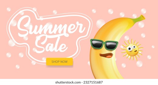 Summer sale funny horizontal banner with cartoon sun and funky banana character isolated on summer pink background. Vector 3d horizontal summer hot sale poster, flyer, banner, tag and background