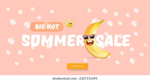 Summer sale funny horizontal banner with cartoon sun and funky banana character isolated on summer pink background. Vector 3d horizontal summer hot sale poster, flyer, banner, tag and background