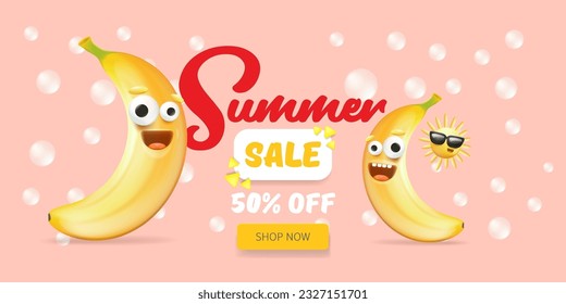 Summer sale funny horizontal banner with cartoon sun and funky banana character isolated on summer pink background. Vector 3d horizontal summer hot sale poster, flyer, banner, tag and background