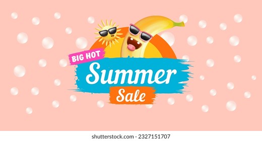 Summer sale funny horizontal banner with cartoon sun and funky banana character isolated on summer pink background. Vector 3d horizontal summer hot sale poster, flyer, banner, tag and background