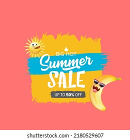 Summer sale funny square banner with cartoon sun and funky banana character isolated on summer pink background. Vector 3d horizontal summer hot sale poster, flyer, banner, tag and background