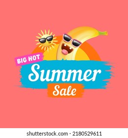 Summer sale funny square banner with cartoon sun and funky banana character isolated on summer pink background. Vector 3d horizontal summer hot sale poster, flyer, banner, tag and background