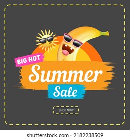 Summer sale funny square banner with cartoon sun and funky banana character isolated on summer grey background. Vector 3d horizontal summer hot sale poster, flyer, banner, tag and background
