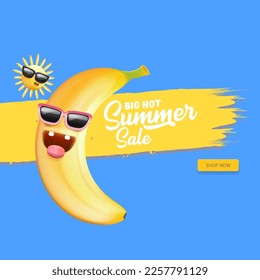 Summer sale funny square banner with cartoon sun and funky banana character isolated on summer blue background. Vector 3d horizontal summer hot sale poster, flyer, banner, tag and background