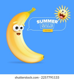 Summer sale funny square banner with cartoon sun and funky banana character isolated on summer blue background. Vector 3d horizontal summer hot sale poster, flyer, banner, tag and background