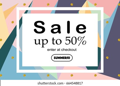 Summer sale geometric background, vector illustration. Trendy colors, gold glitter dots pattern, white frame. Sale web banner, advertisement poster, flyer. Abstract triangles backdrop.