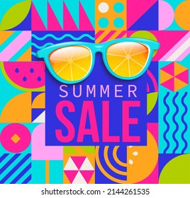 Summer sale geometric banner with simple geometry shapes and figures. Posters,flyers design for covers, web, invitation for shopping.Template offer of big discounts deals.Vector illustration.