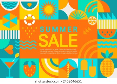 Summer sale geometric banner with simple geometry symbols of hot season. Template offer of big discounts. Posters,flyers, design for covers, web. Invitation for shopping. Vector illustration.