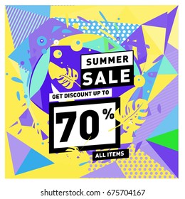 Summer sale geometric style web banner. Fashion and travel discount. Vector holiday Abstract colorful illustration with special offers and promotions.