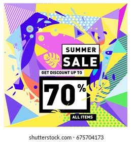 Summer sale geometric style web banner. Fashion and travel discount. Vector holiday Abstract colorful illustration with special offers and promotions.