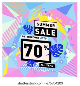 Summer sale geometric style web banner. Fashion and travel discount. Vector holiday Abstract colorful illustration with special offers and promotions.