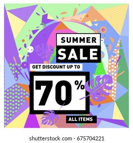 Summer sale geometric style web banner. Fashion and travel discount. Vector holiday Abstract colorful illustration with special offers and promotions.
