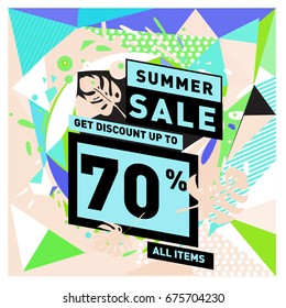 Summer sale geometric style web banner. Fashion and travel discount. Vector holiday Abstract colorful illustration with special offers and promotions.