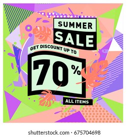 Summer sale geometric style web banner. Fashion and travel discount. Vector holiday Abstract colorful illustration with special offers and promotions.