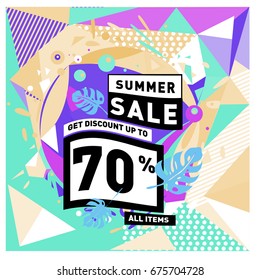 Summer sale geometric style web banner. Fashion and travel discount. Vector holiday Abstract colorful illustration with special offers and promotions.