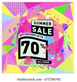 Summer sale geometric style web banner. Fashion and travel discount. Vector holiday Abstract colorful illustration with special offers and promotions.