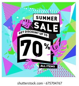 Summer sale geometric style web banner. Fashion and travel discount. Vector holiday Abstract colorful illustration with special offers and promotions.