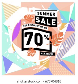 Summer sale geometric style web banner. Fashion and travel discount. Vector holiday Abstract colorful illustration with special offers and promotions.