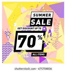 Summer sale geometric style web banner. Fashion and travel discount. Vector holiday Abstract colorful illustration with special offers and promotions.