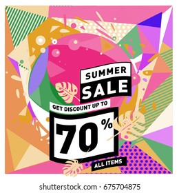 Summer sale geometric style web banner. Fashion and travel discount. Vector holiday Abstract colorful illustration with special offers and promotions.
