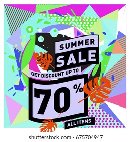 Summer sale geometric style web banner. Fashion and travel discount. Vector holiday Abstract colorful illustration with special offers and promotions.